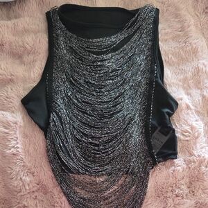 SHEIN Black Tank Top with Silver Metallic Chain Fringe. Brand New